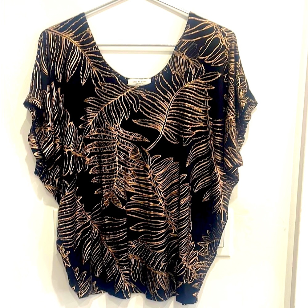 Kim & Cami Black Rose Gold Leaf Print Drop Shoulder Top L